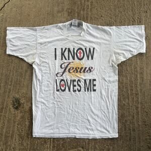 VINTAGE 90S JESUS LOVES ME T-SHIRT GRAPHIC RELIGION BIBLE CHRISTIAN MENS XL